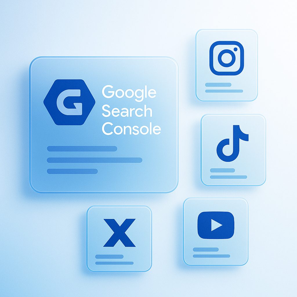Panel de Search Console conectado a íconos de redes sociales representando medición unificada de descubrimiento en Google